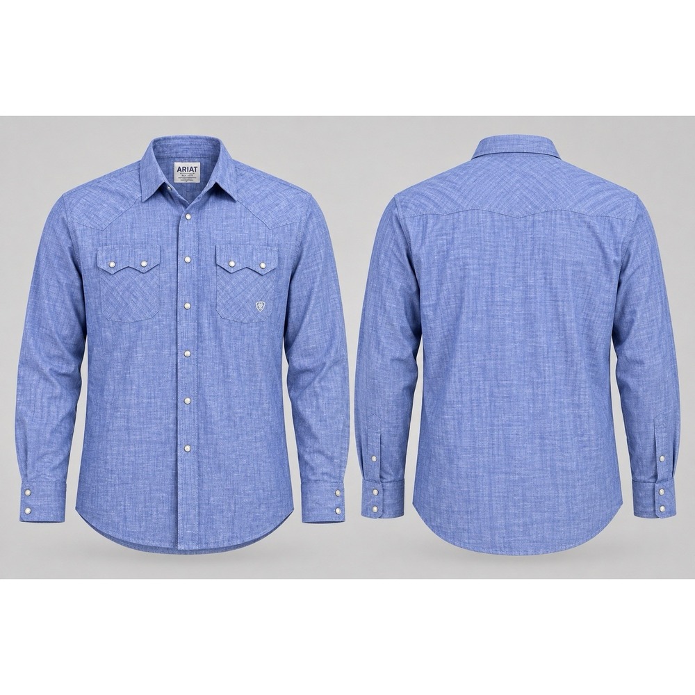 Ariat shirt Mens xl Retro Fit Blue Denim Pearl Snap L/S sawtooth Pockets Western